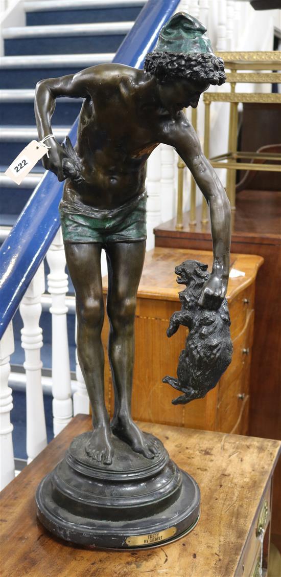 A bronze of a boy holding cat by Gilbert height 79cm